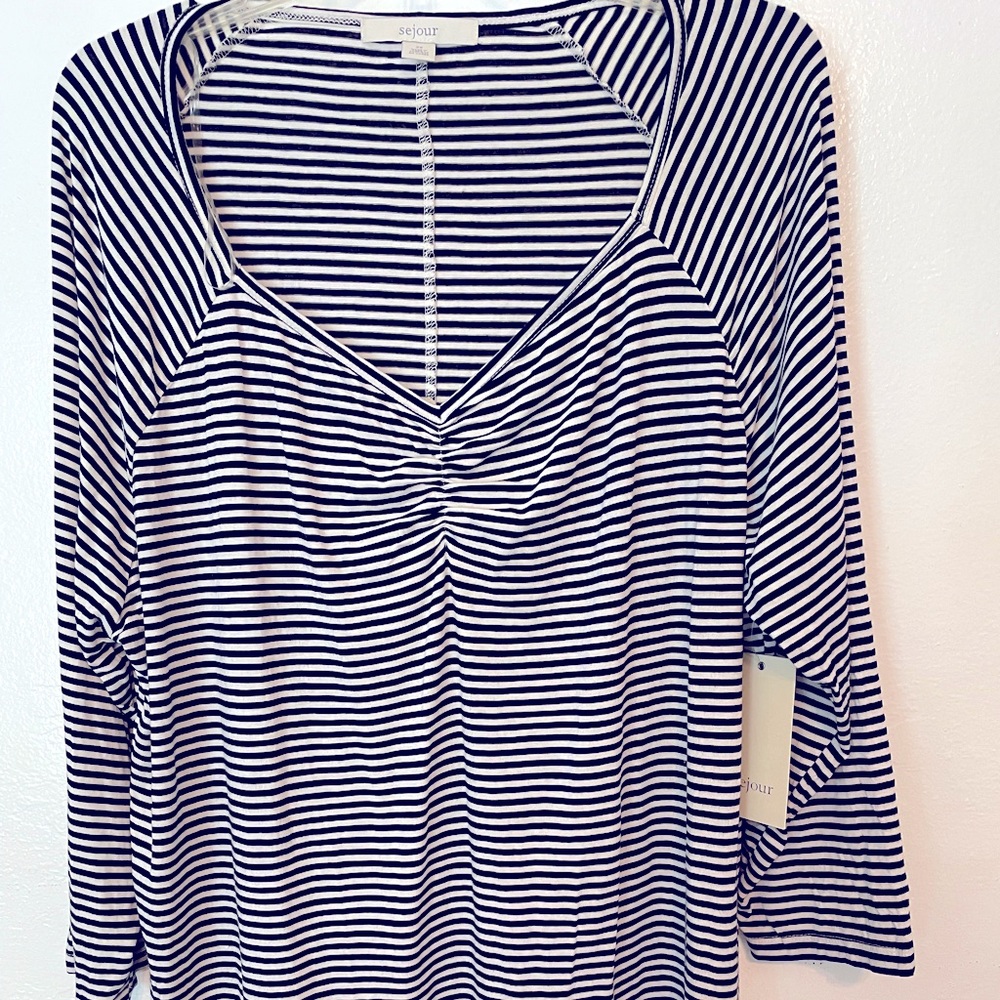 Black/White Stripe v-neck top long sleeve 2X
